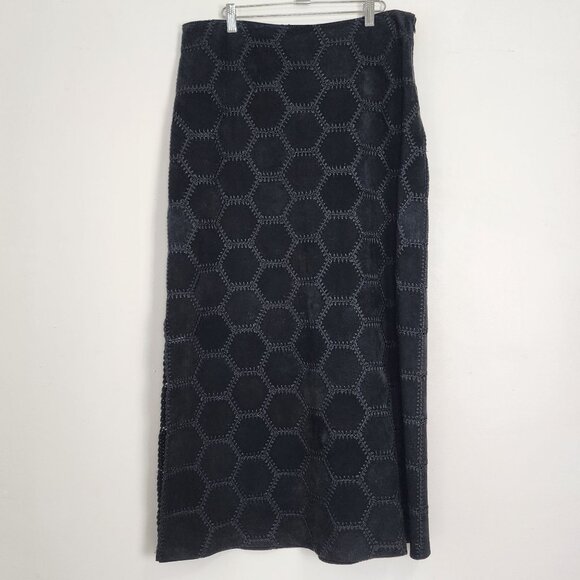 Danier Genuine Leather Black Suede Hexagon Maxi Skirt Size 14 Drk Boho Cowgirl - Picture 1 of 12